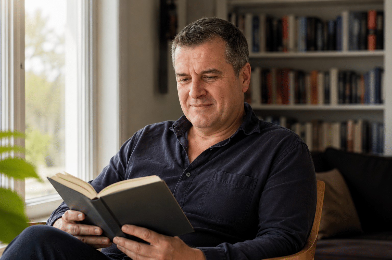 A quiet morning moment — reading by the window
